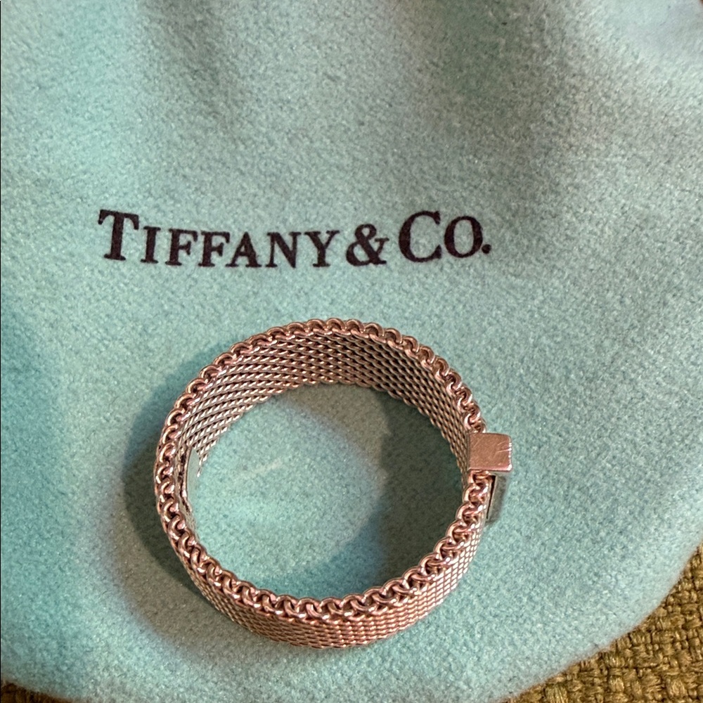 Tiffany & Co. AUTHENTIC Silver Mesh Ring with Diamond Bar - Picture 5 of 6
